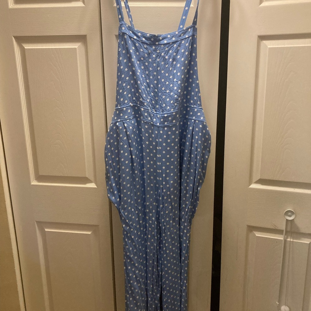 Torrid polka dot wide leg overalls.